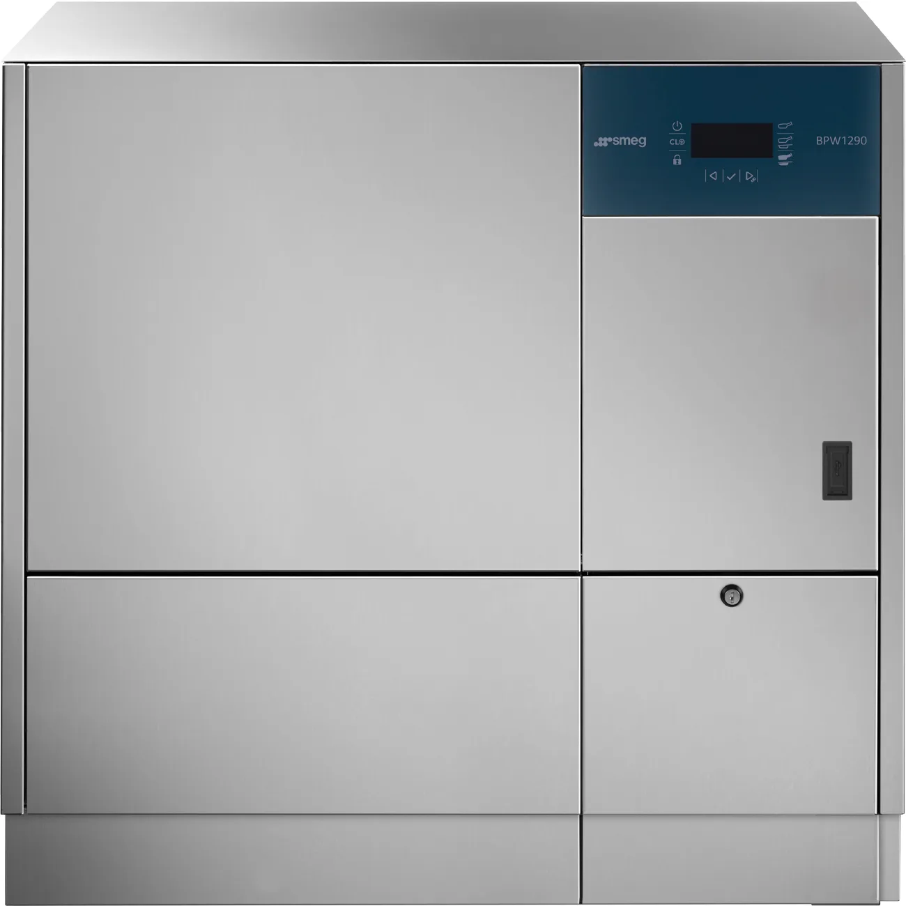 Smeg BPW 1290JEK5 spoldesinfektor i rostfritt stål rakt framifrån, underbänksmodell med manöverpanel märkt BPW1290