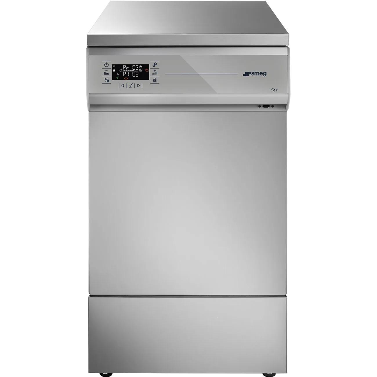Smeg GW 1245-S0-100 labbdiskmaskin i rostfritt stål rakt framifrån, 45 cm bred underbänksmodell med display och USB-port på fronten