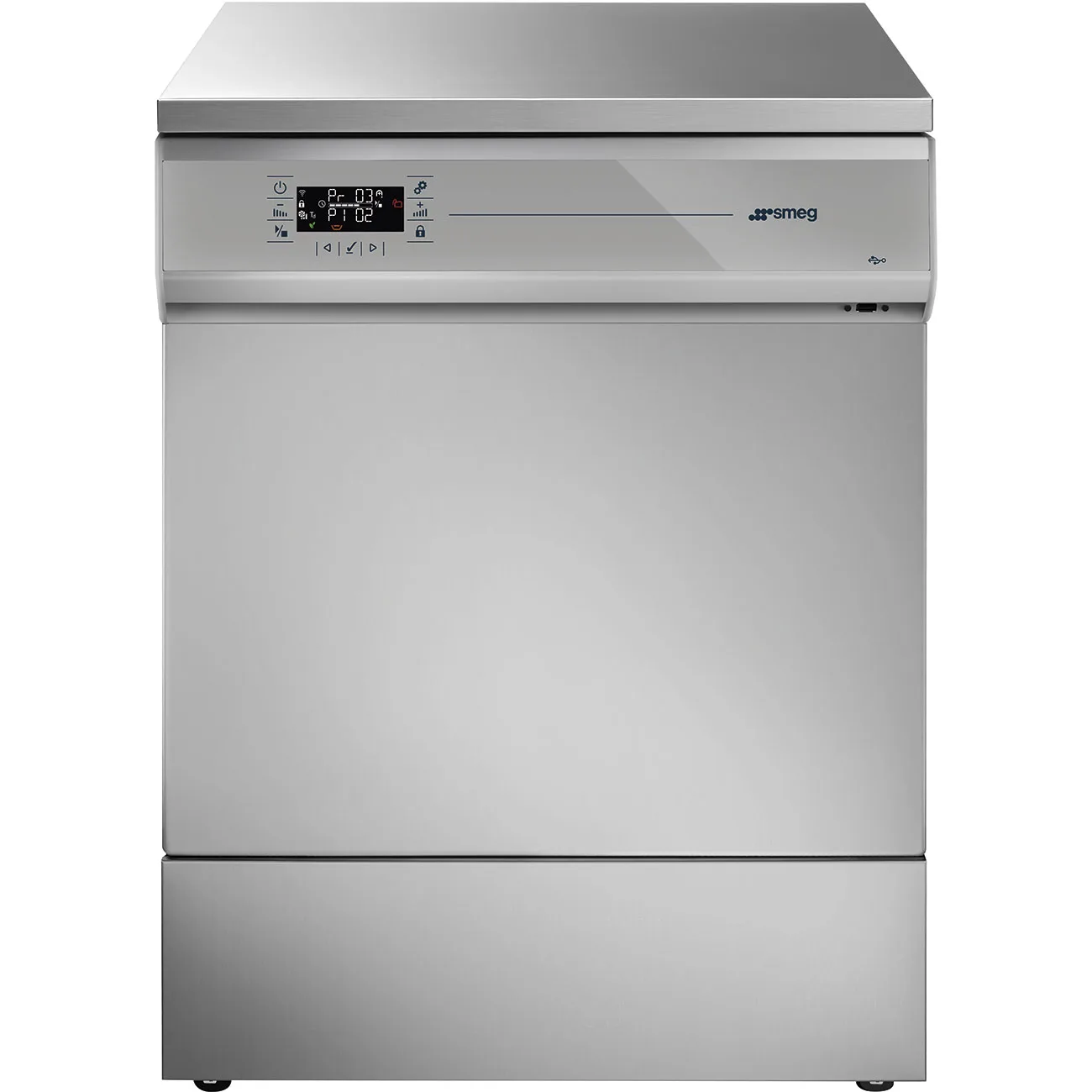 Smeg GW 1260 labbdiskmaskin rakt framifrån med rostfri lucka, manöverpanel och sockel