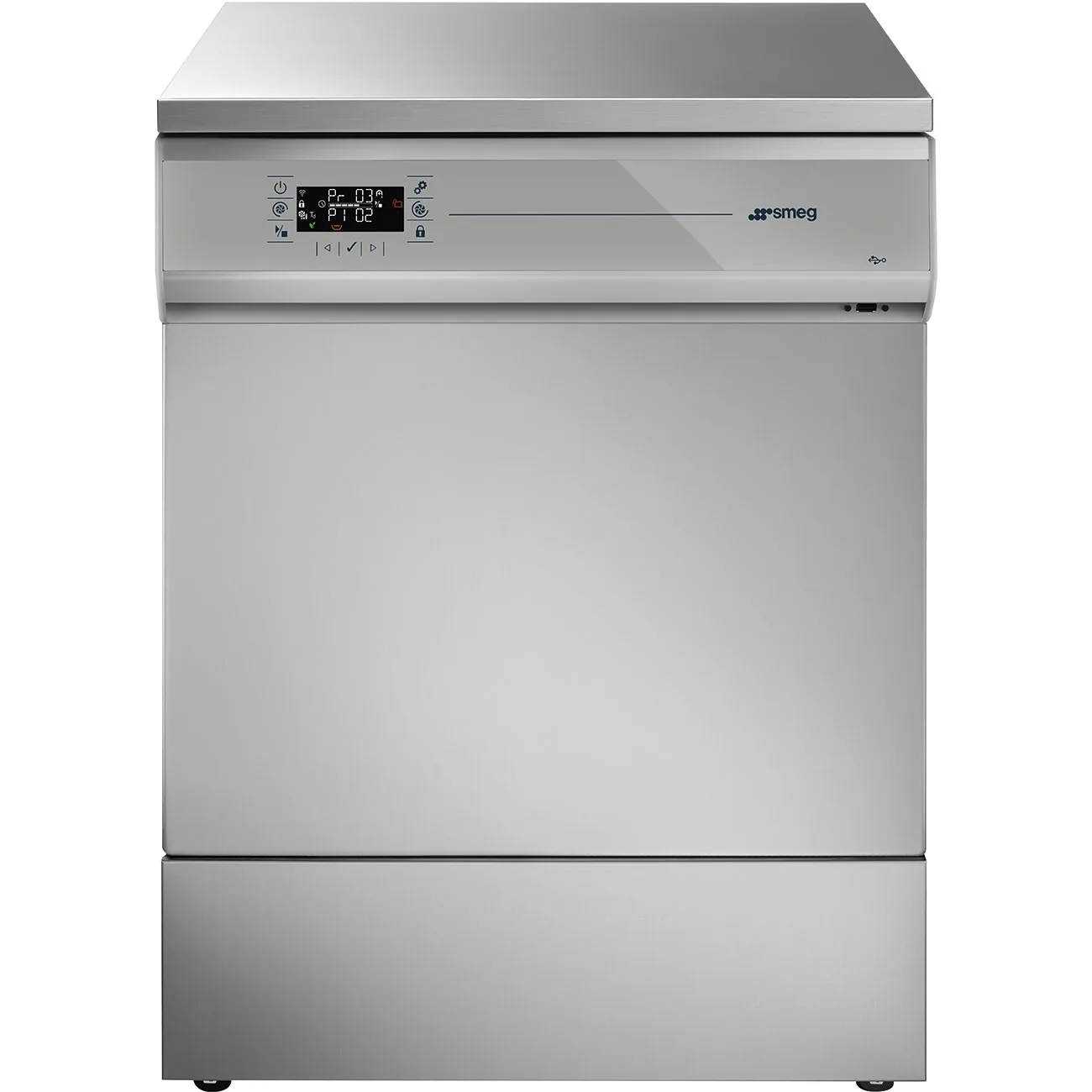 Smeg GW 4260 labbdiskmaskin rakt framifrån med stängd lucka, display och sockel