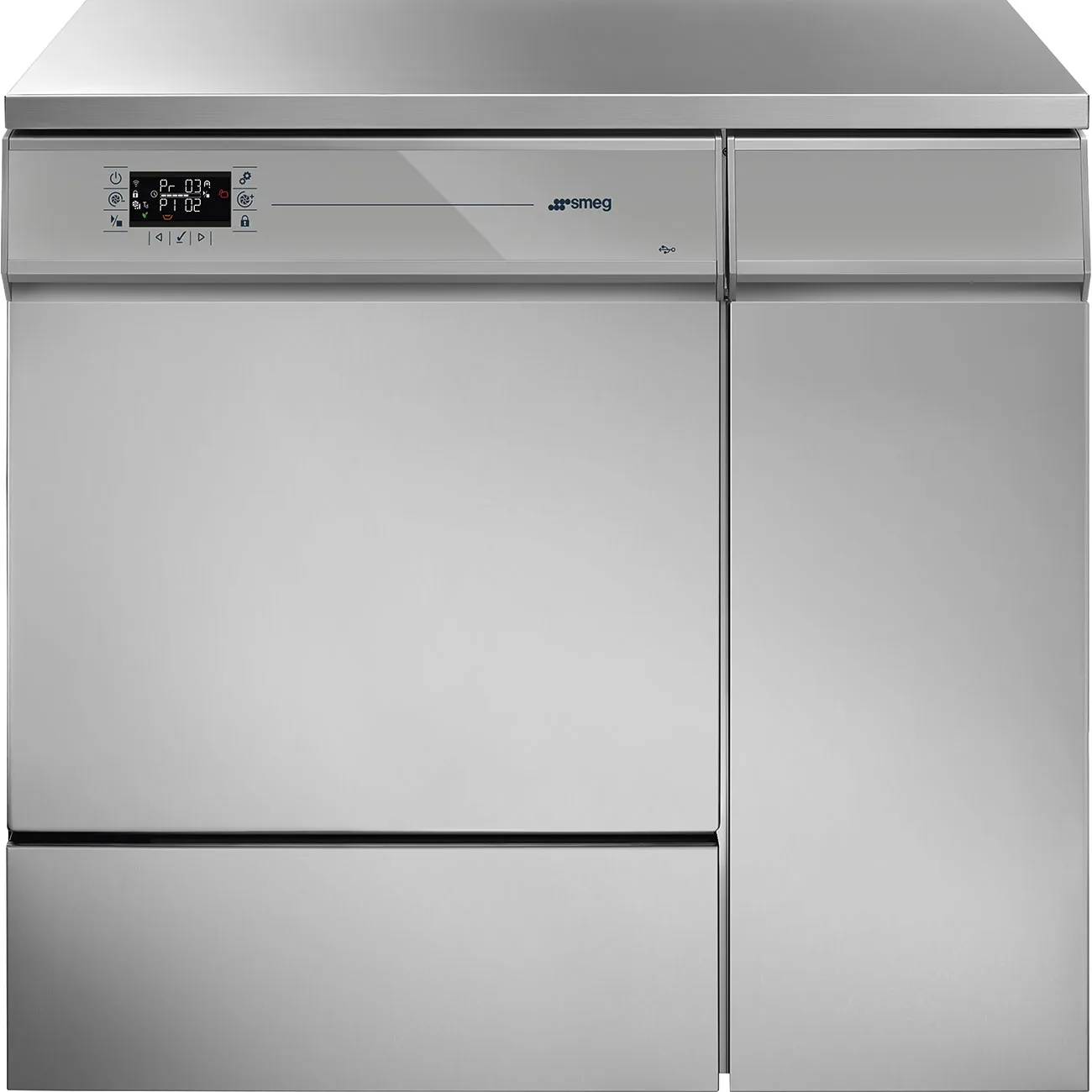 Smeg GW 4290 labbdiskmaskin rakt framifrån, 90 cm bred i rostfritt stål med kontrollpanel och USB-port