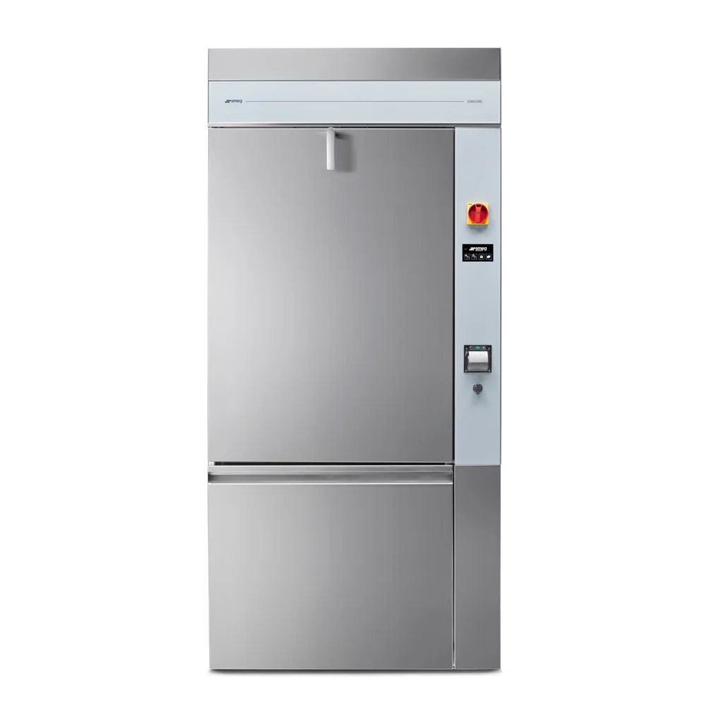 Smeg GW 6290 labbdiskmaskin i rostfritt stål, sedd rakt framifrån med stängd svängdörr.