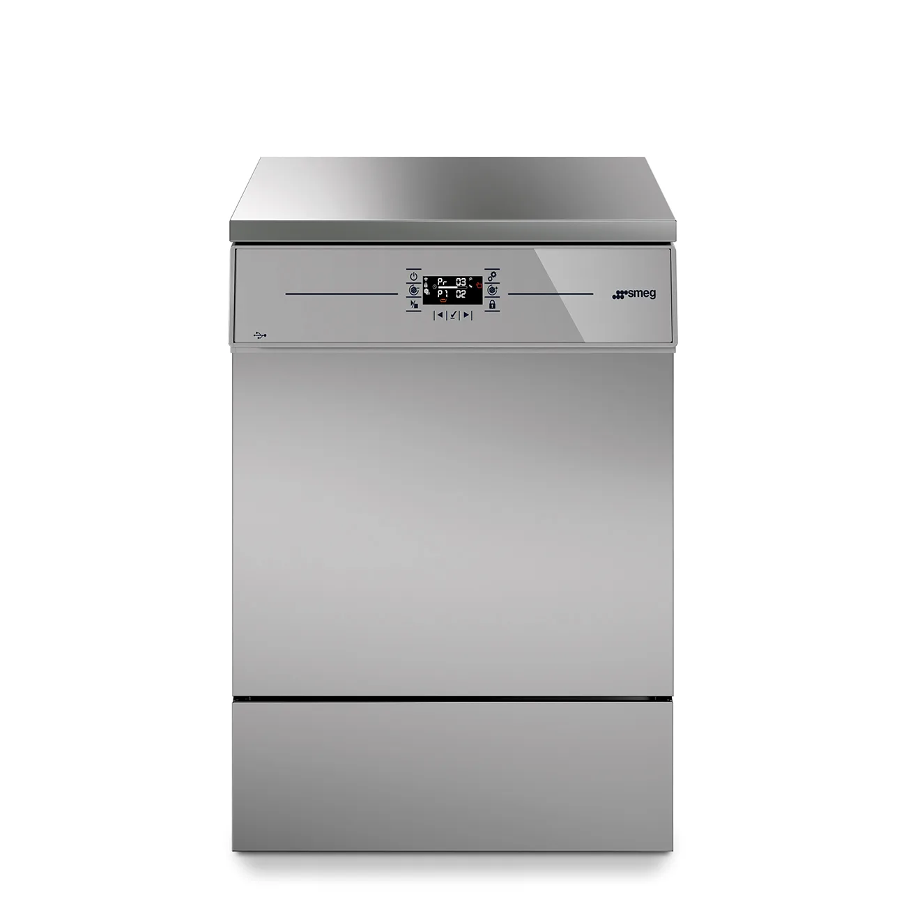 Smeg GWF 26 labbdiskmaskin i rostfritt stål med svängdörr, sedd framifrån.
