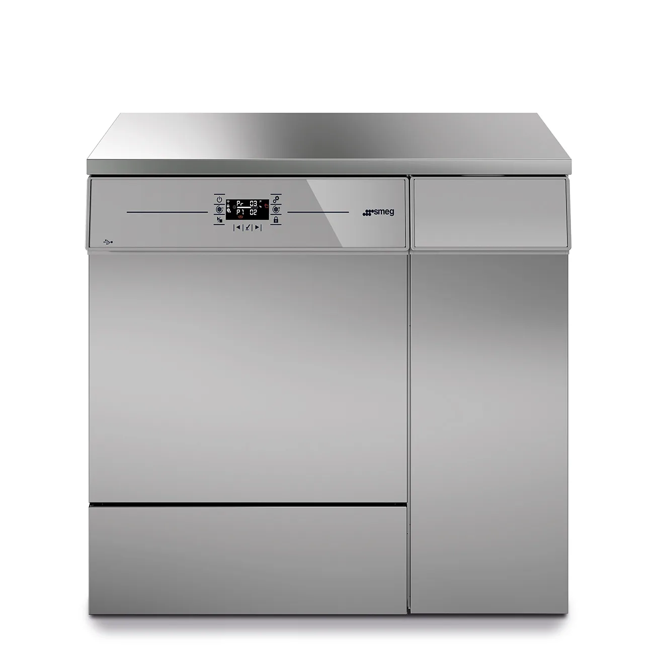 Smeg GWF 29 labbdiskmaskin i rostfritt stål, sedd framifrån med stängd dörr.