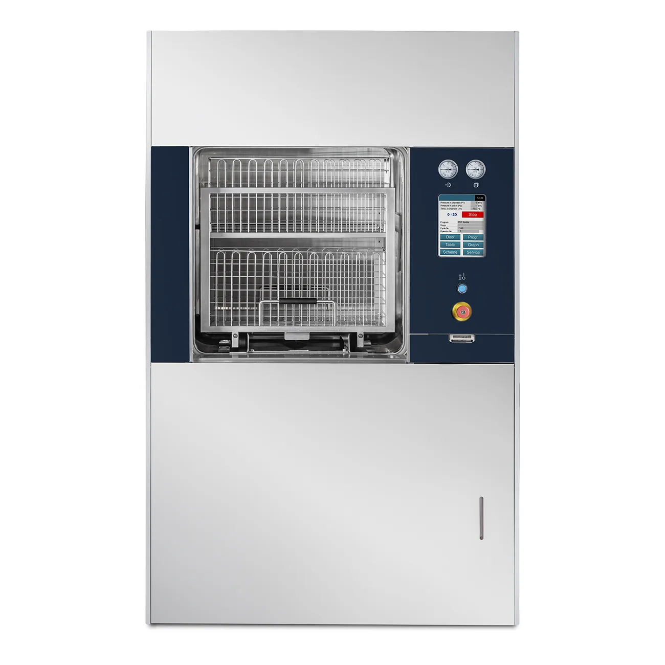 Smeg HMS04-GP ångautoklav framifrån med öppen kammare och två lastade trådkorgar