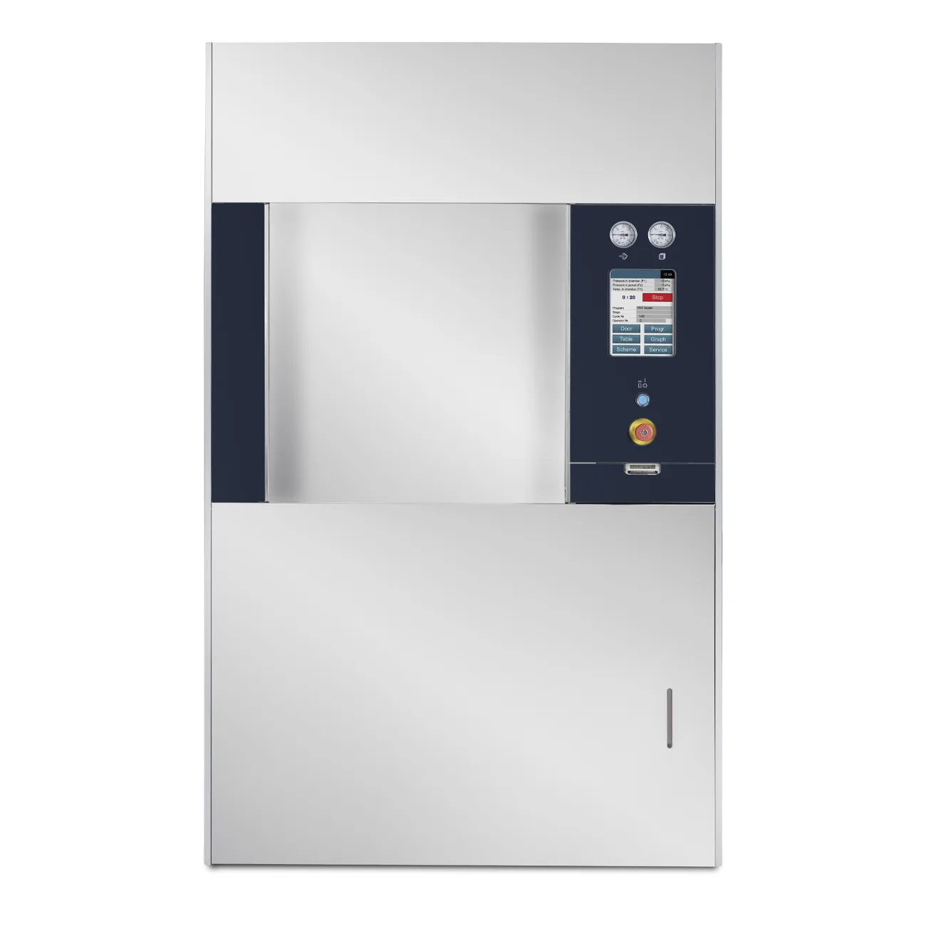 Smeg HMS10-GP autoklav framifrån med den vertikalt skjutbara dörren öppen, kontrollpanel med pekskärm, två manometrar och integrerad skrivare