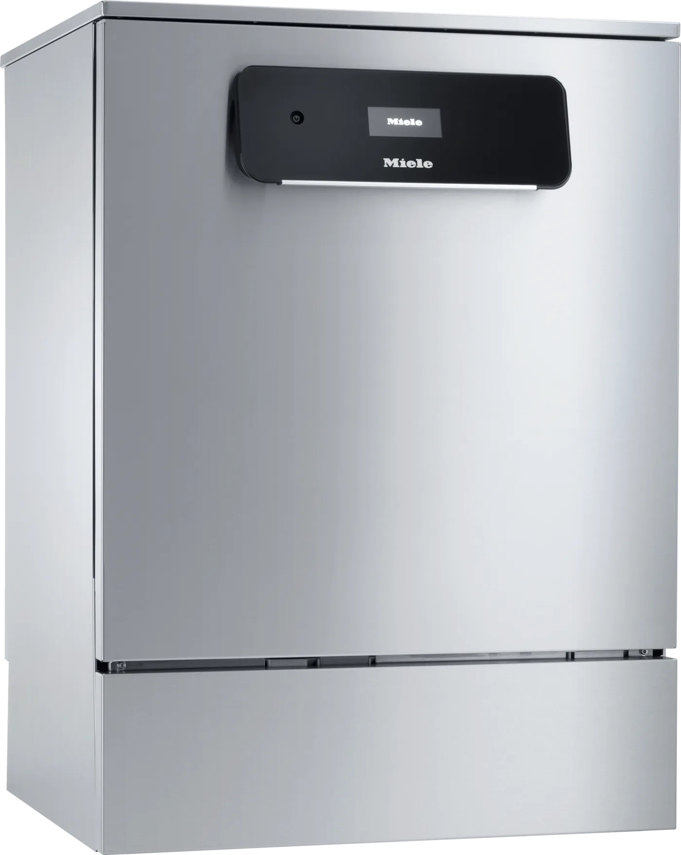 Miele PLW 8604 sedd snett framifrån med hölje och lucka i rostfritt stål, stängd lucka och svart manöverpanel med touchdisplay.