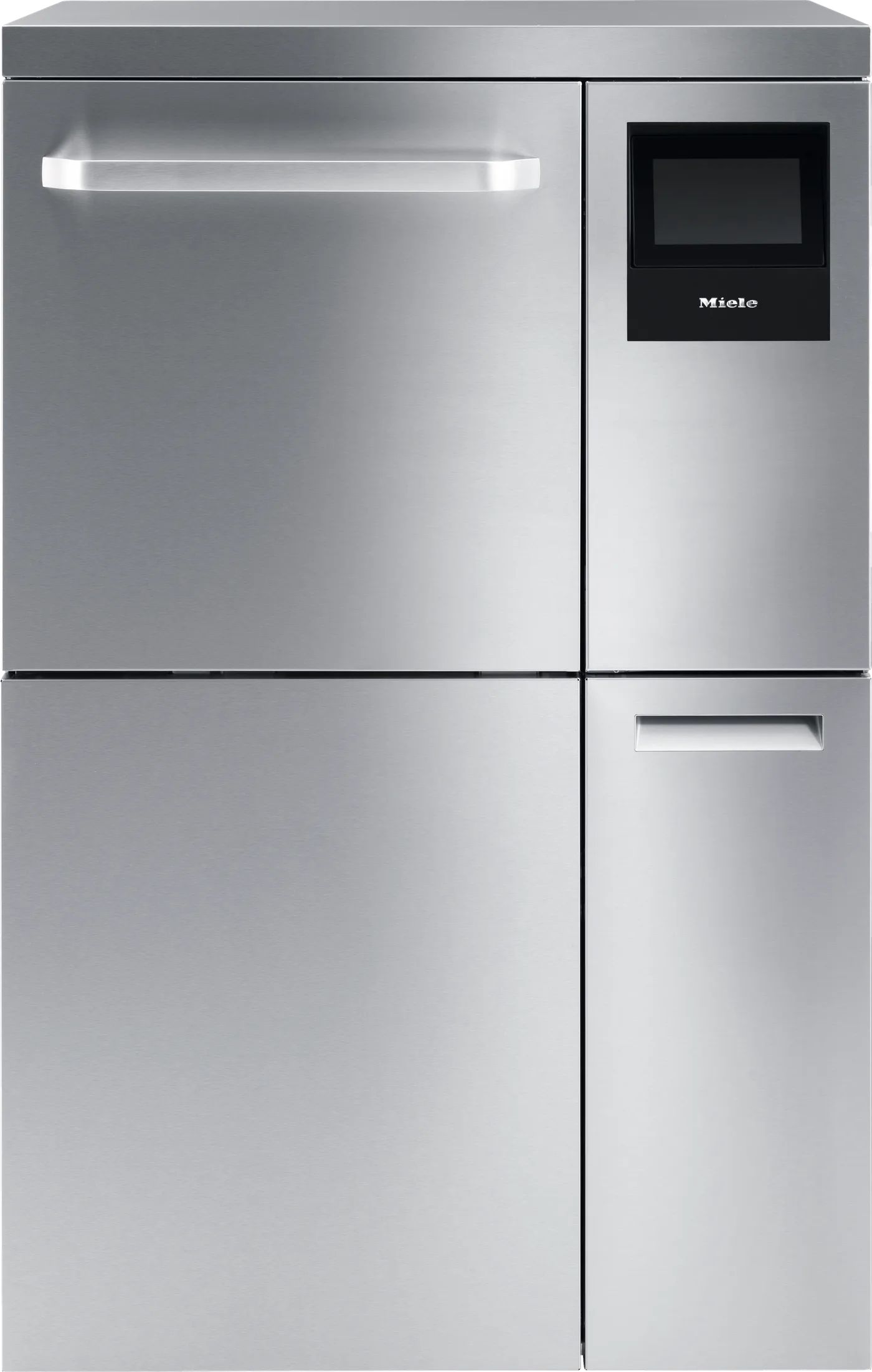 Miele PLW 8636 labbdiskmaskin i rostfritt stål sedd rakt framifrån, fristående med stängd frontlucka, touchdisplay till höger och en lägre lucka till doseringsutrymmet nedtill