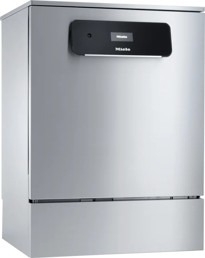 Fristående labbdiskmaskin Miele PLW 8683 i rostfritt stål med stängd stållucka och svart pekpanel, sedd snett framifrån