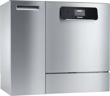 Miele PLW 8683 CD labbdiskmaskin snett framifrån, rostfritt hölje med svart pekskärm överst och nedfällbar frontlucka.