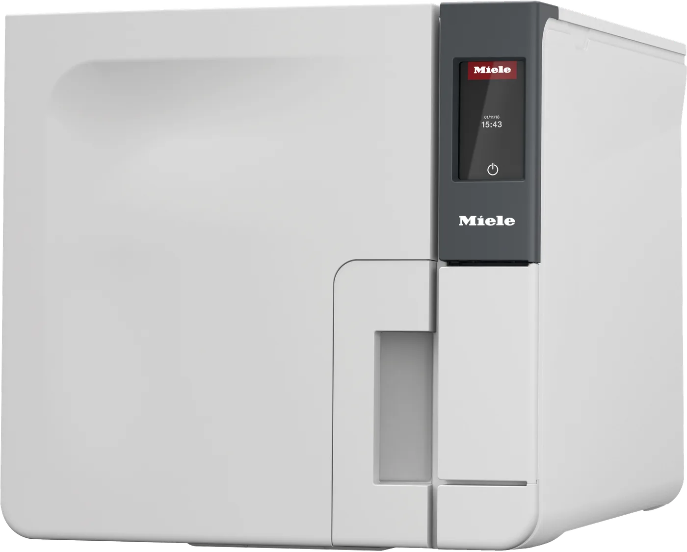 Miele PST 2220 CUBE X bänkautoklav sedd snett framifrån. Vit maskin med mörk frontpanel, rund kammarlucka och färgtouchdisplay.