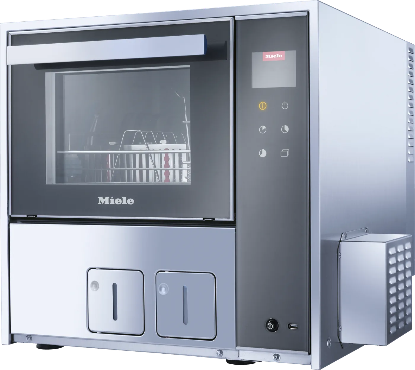 Miele PWD 8531 bänkdiskdesinfektor med instrumentkorg synlig genom glasluckan