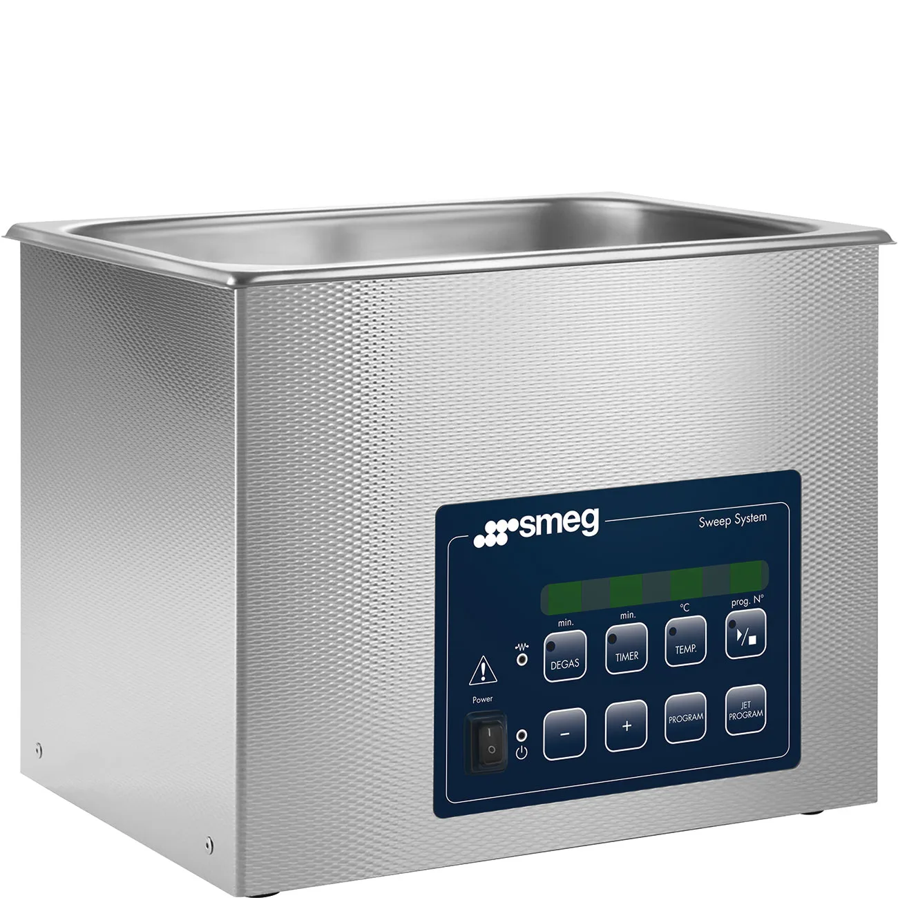 Smeg VU06H1 ultraljudsbad snett framifrån med öppet kar i rostfritt stål och blå manöverpanel med knapparna DEGAS, TIMER, TEMP, PROGRAM och JET PROGRAM.