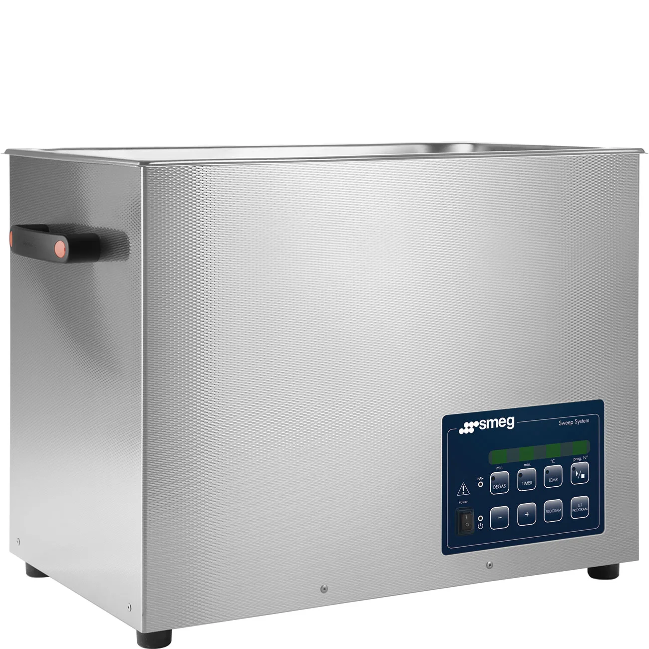 Smeg VU28H1 ultraljudsbad i rostfritt stål snett framifrån, med manöverpanel märkt Sweep System och knappar för DEGAS, TIMER, TEMP, PROGRAM och JET PROGRAM