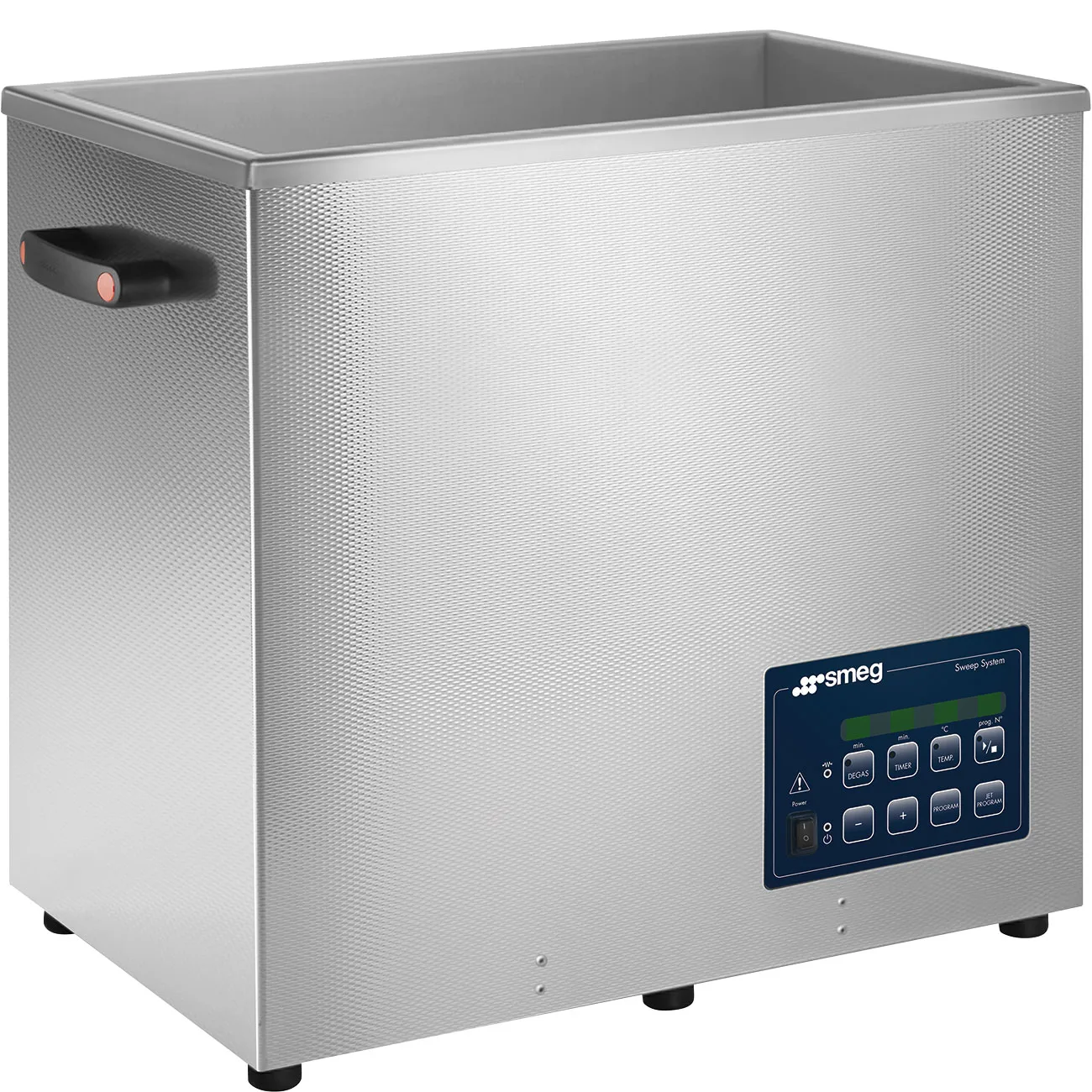 Ultraljudsbadet Smeg VU45H1 i rostfritt stål snett framifrån, med öppet kar, manöverpanel med display och bärhandtag på sidan