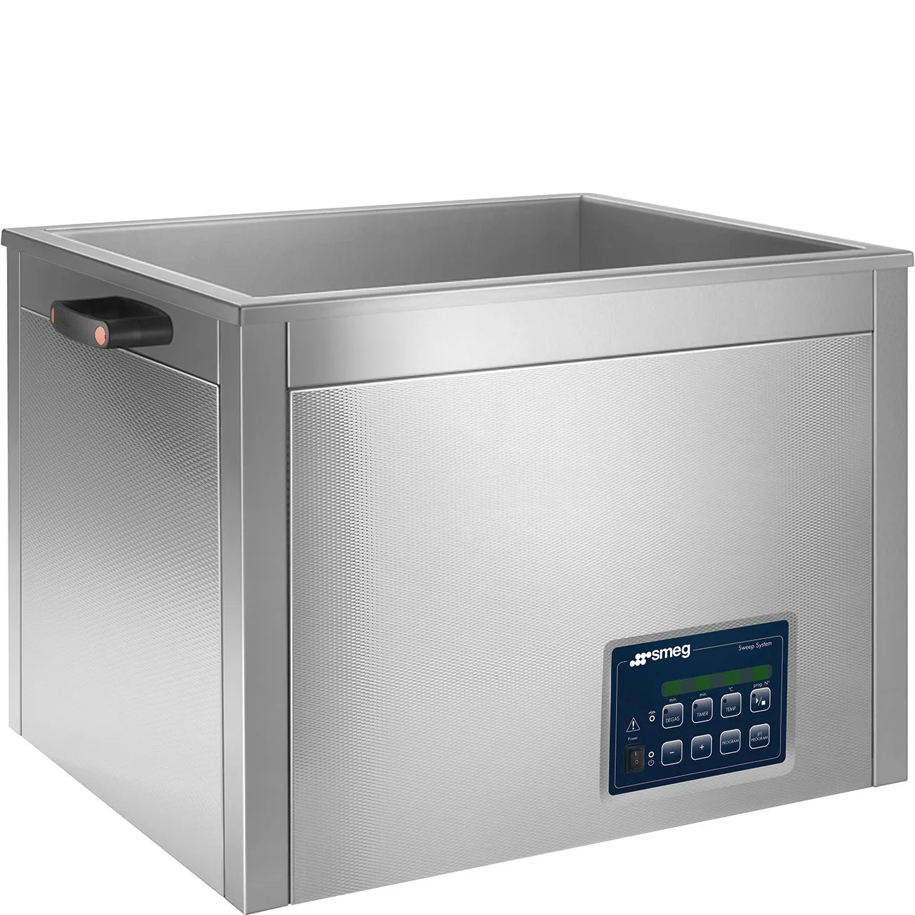 Smeg VU90H1 ultraljudsbad snett framifrån med öppet kar i rostfritt stål och manöverpanel för avgasning, timer, temperatur och program