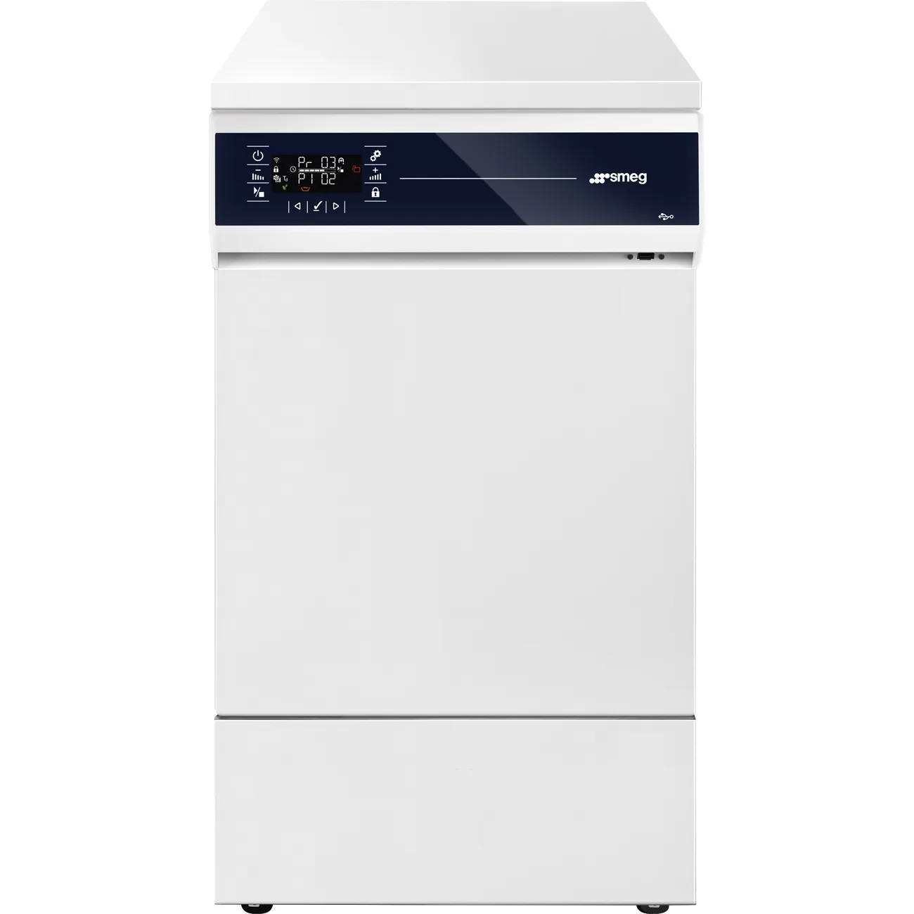 Smeg WD1245-DC-100 diskdesinfektor rakt framifrån, 45 cm bred underbänksmodell med lucka i rostfritt stål, manöverpanel och USB-port på fronten
