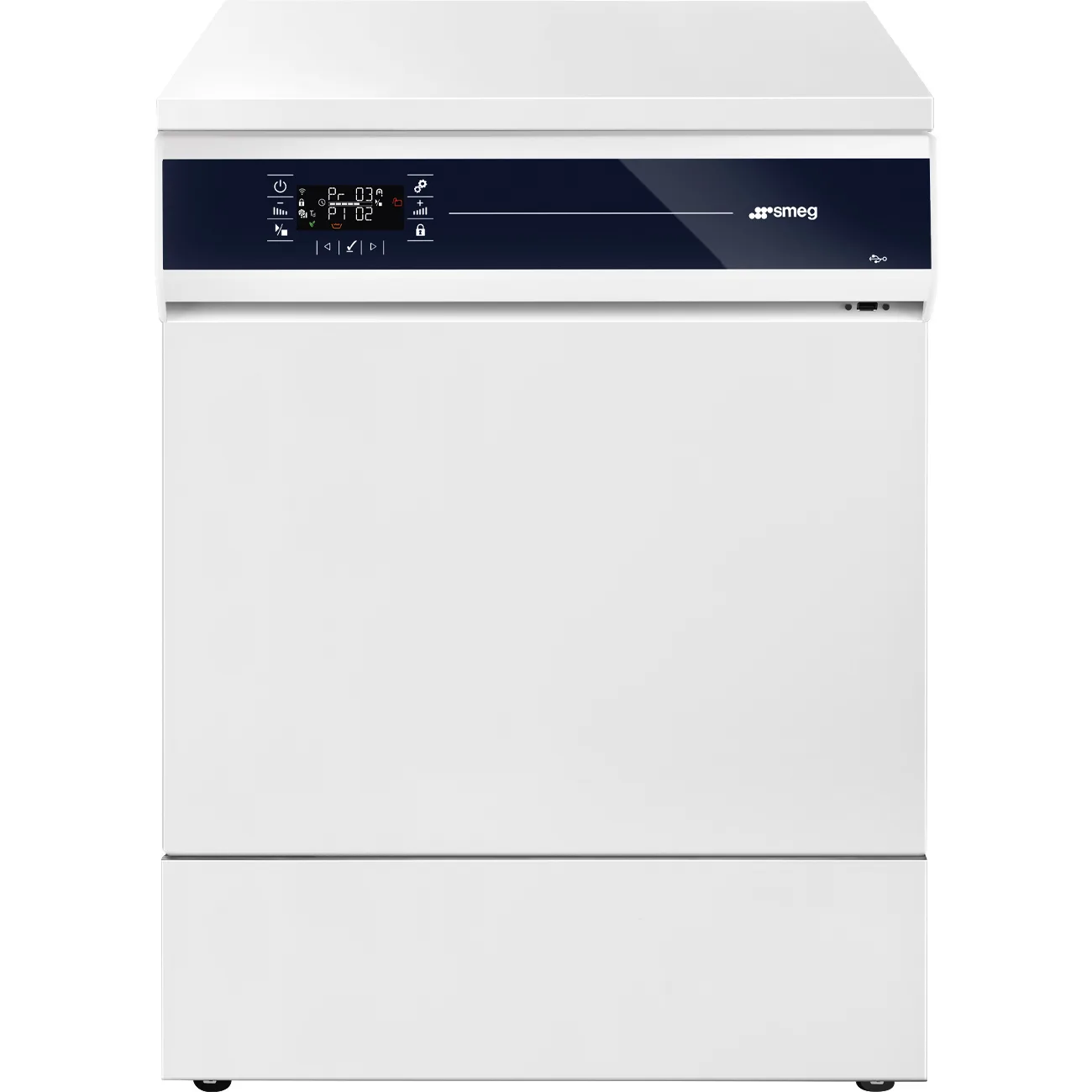 Smeg WD 1260 diskdesinfektor rakt framifrån, underbänksmodell med mörk glaspanel, LCD-display och USB-port på fronten
