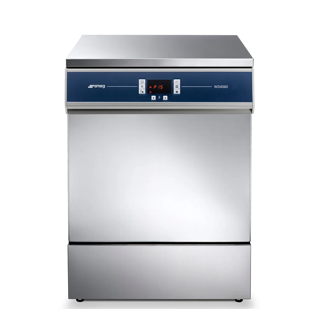 Smeg WD 4060D diskdesinfektor rakt framifrån med rostfri front, mörkblå manöverpanel, display och programknappar.