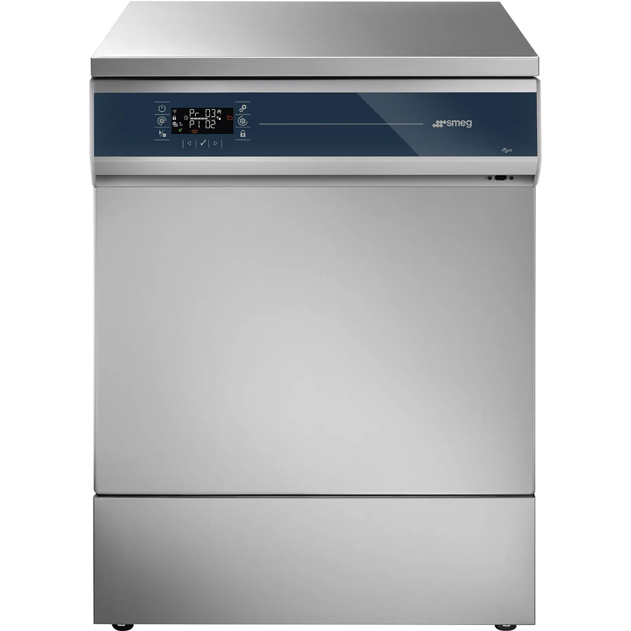 Smeg WD 4260 diskdesinfektor rakt framifrån med lucka i rostfritt stål, touchpanel och USB-port