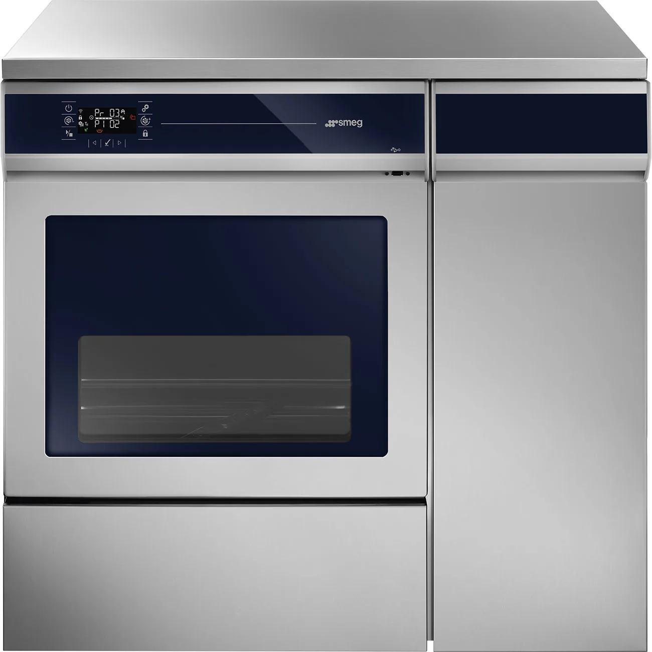 Smeg WD 4290-SC-00G diskdesinfektor rakt framifrån, underbänksmodell i 90 cm med glasdörr och utdragbart kemikalieskåp