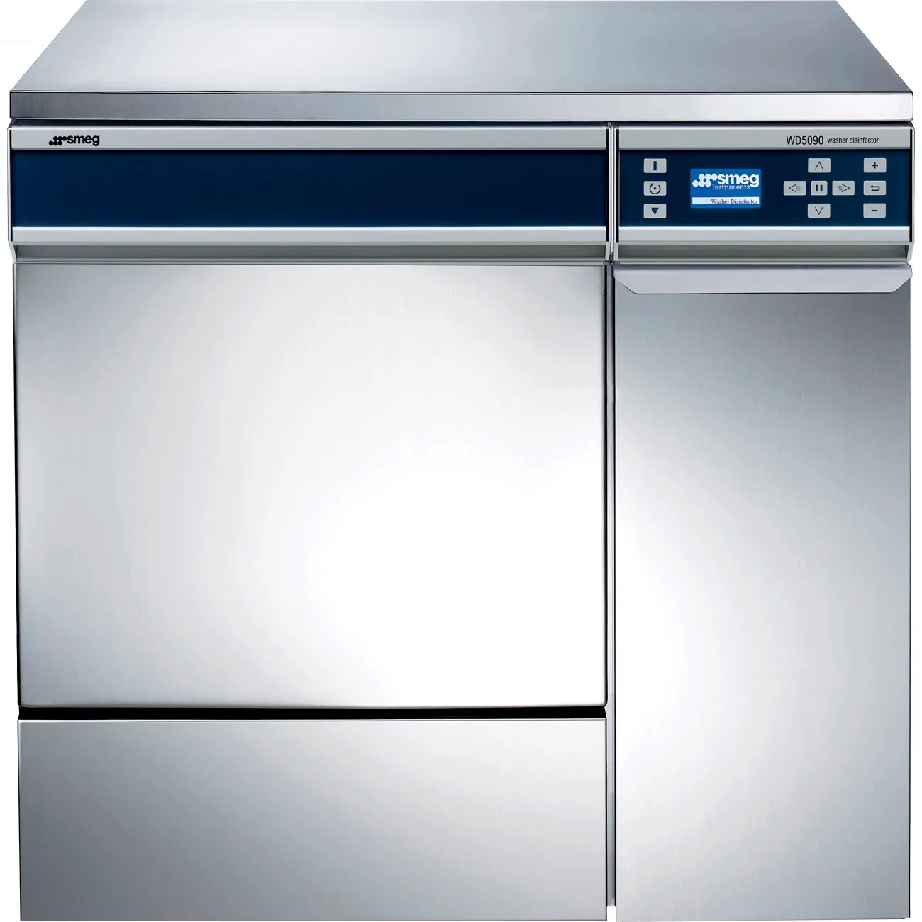 Smeg WD 5090T diskdesinfektor sedd rakt framifrån med rostfri slagdörr till vänster och kemikalieskåp med manöverpanel till höger